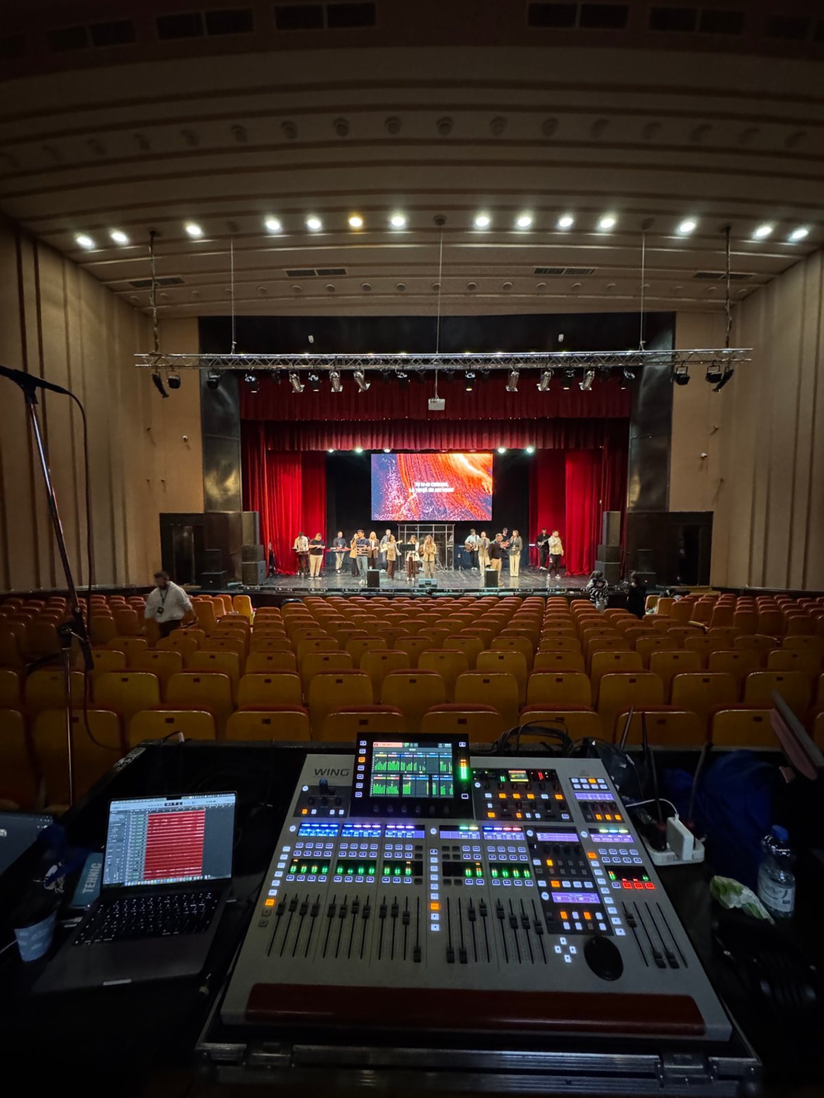 View from the mixing desk to the stage of a theatre during soundcheck