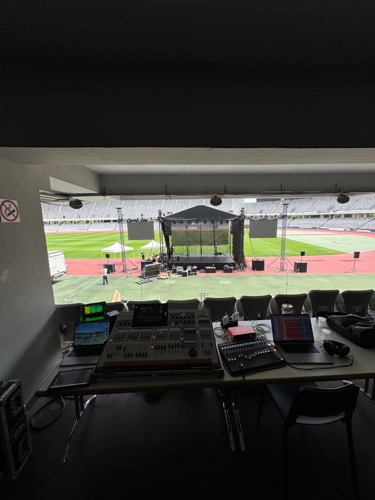 Front of house position in a stadium, with a Behringer WING facing the stage